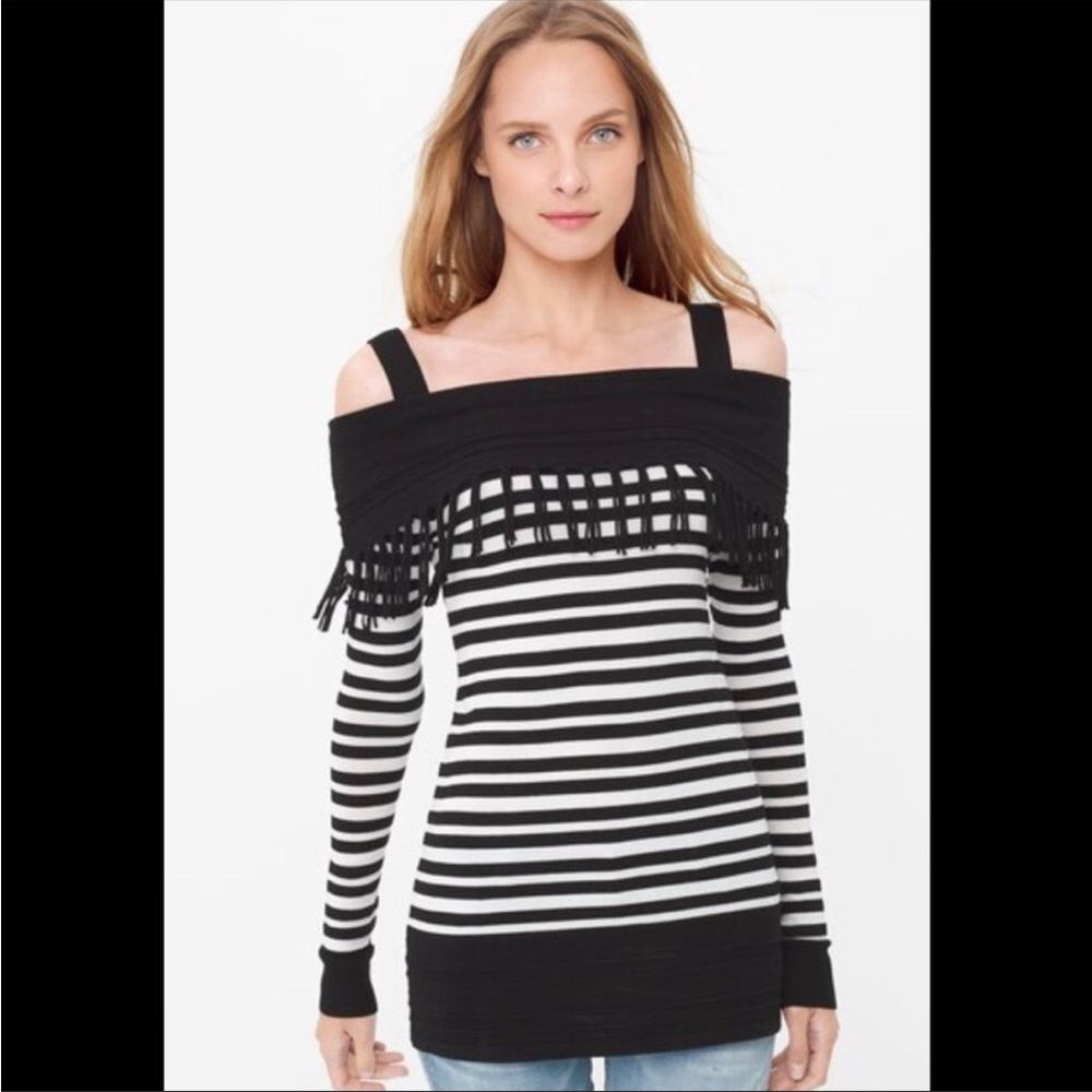⭐️NEW⭐️White House Black Market WHBM Strip Off-The-Shoulder Fringe Tunic Sweater
